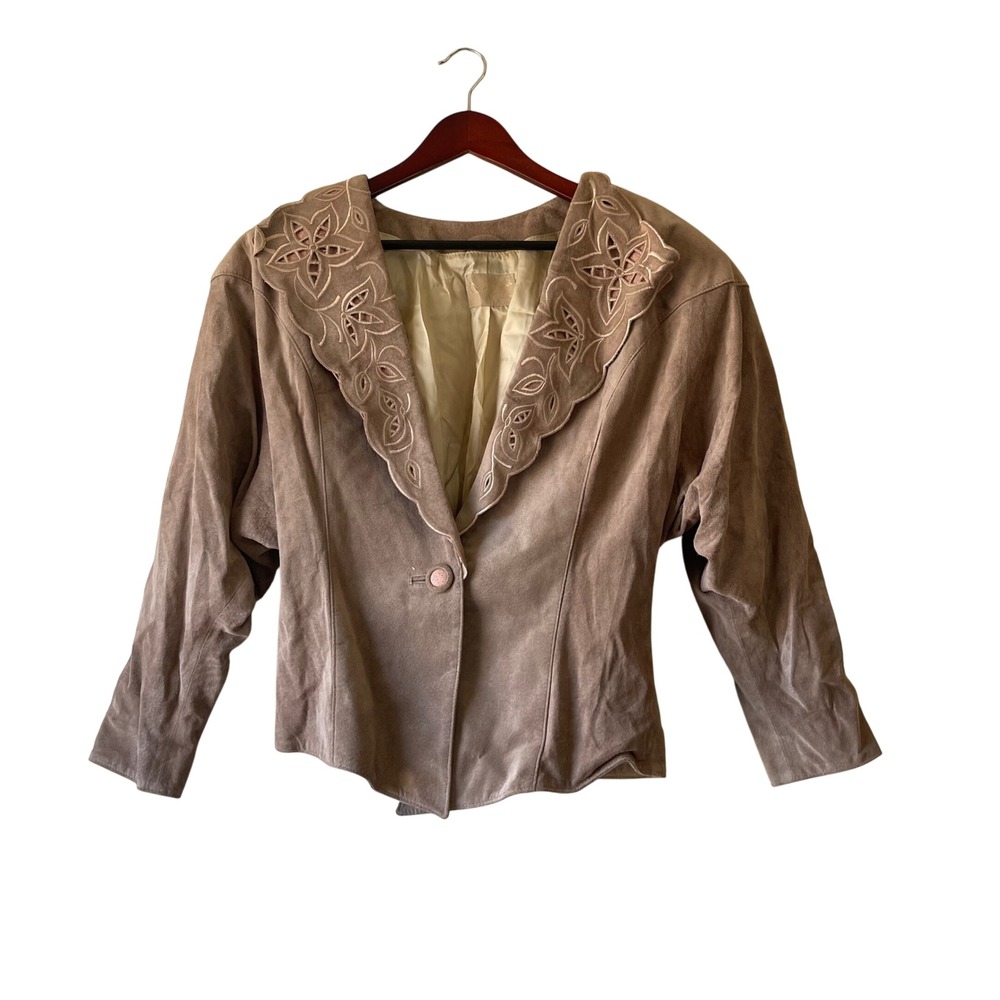 Vintage Marqelli Beige Suede Jacket Floral Collar Womens
